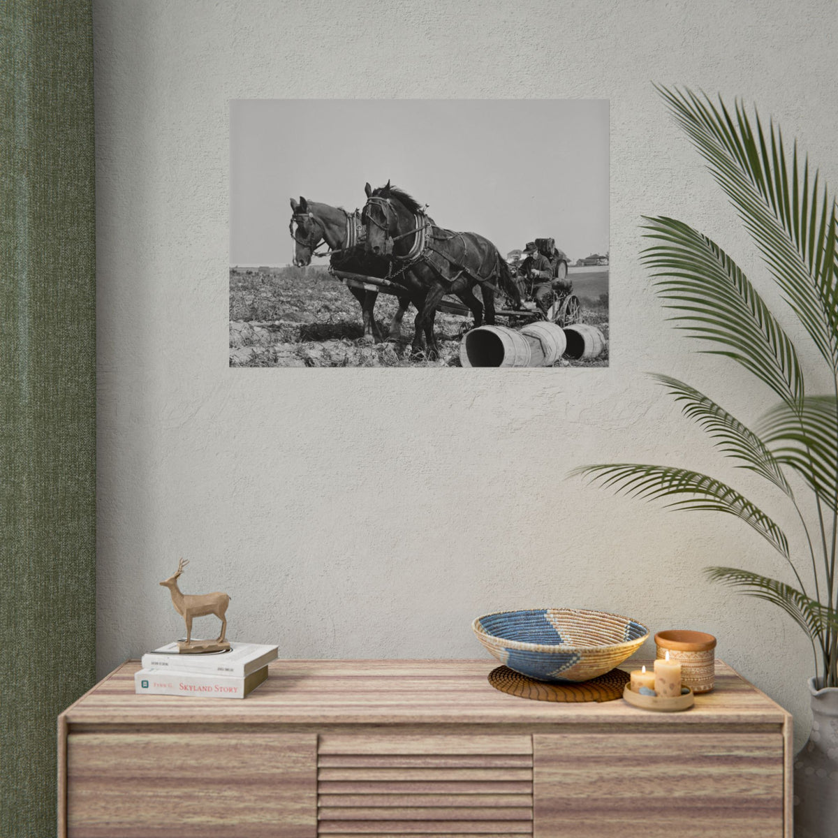 Vintage Farm Horses Rolled Poster — Black & White Rustic Plowing Print