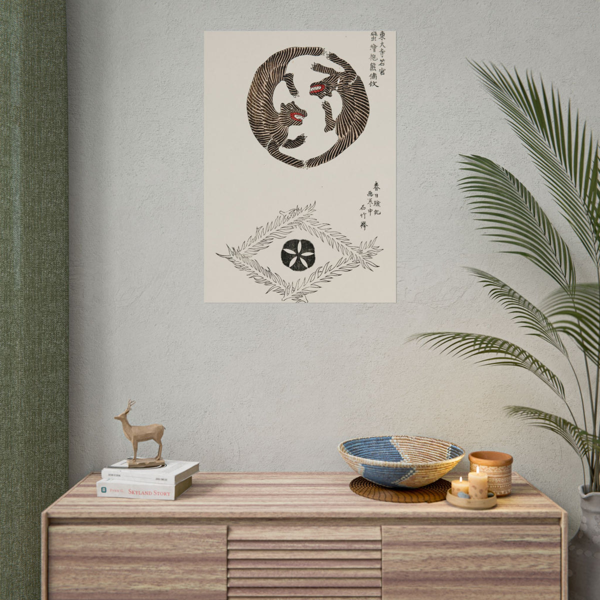 Japanese vintage original woodblock print of tigers from Yatsuo no tsubaki