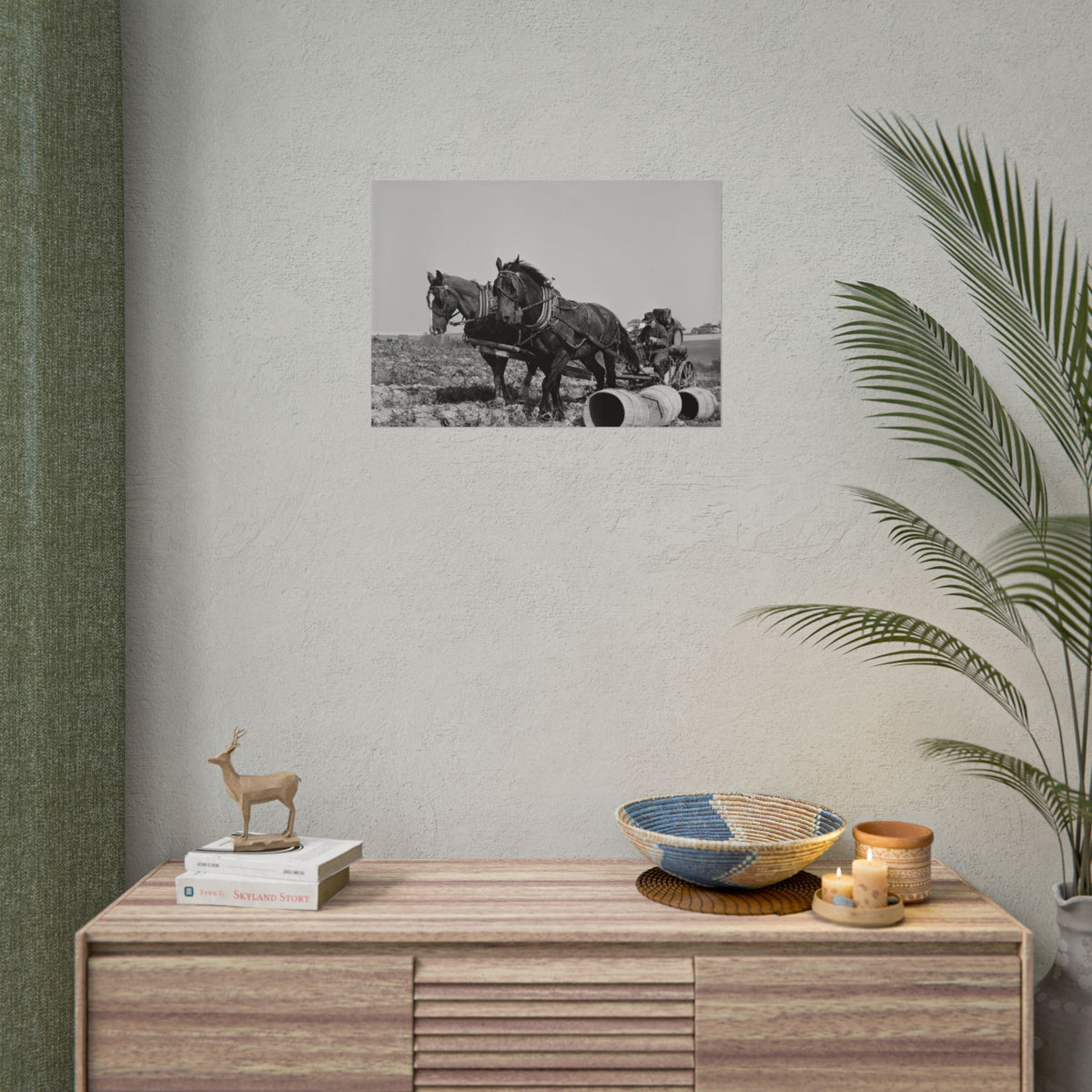 Vintage Farm Horses Rolled Poster — Black & White Rustic Plowing Print
