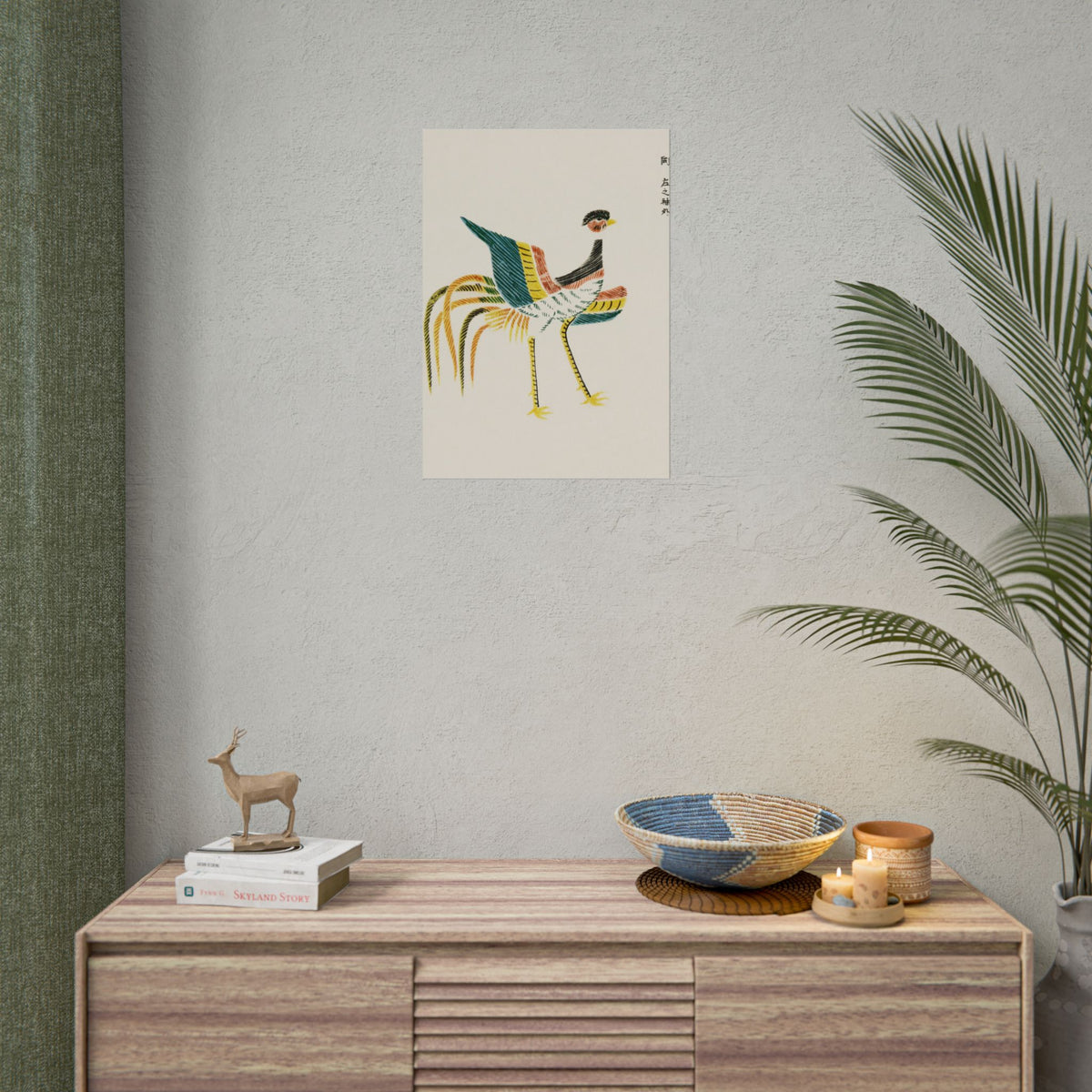 Japanese vintage original woodblock print of crane from Yatsuo no tsubaki