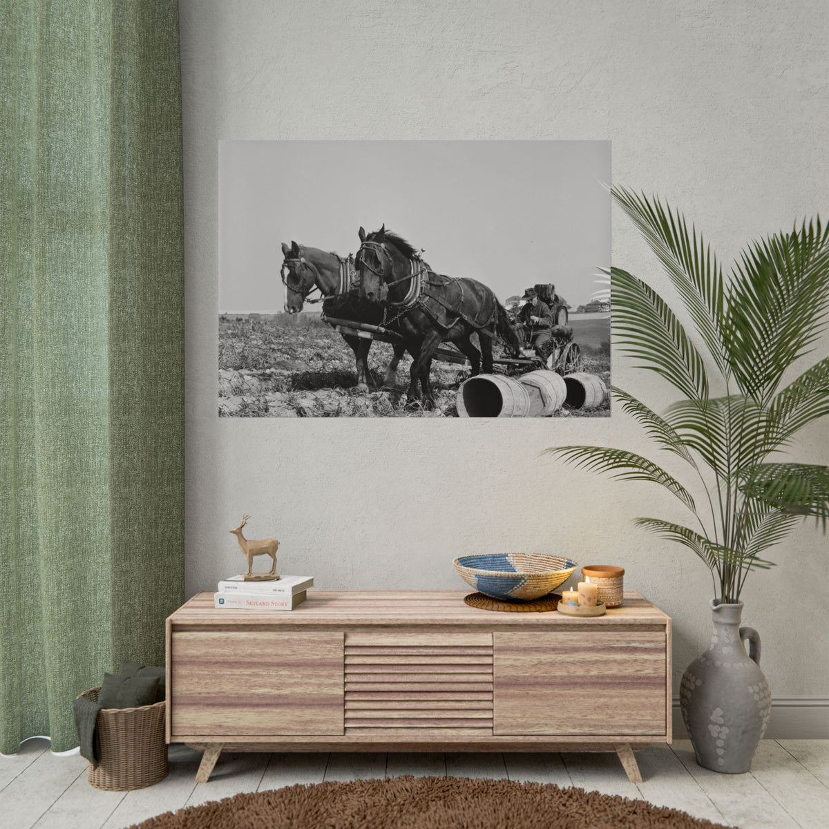 Vintage Farm Horses Rolled Poster — Black & White Rustic Plowing Print