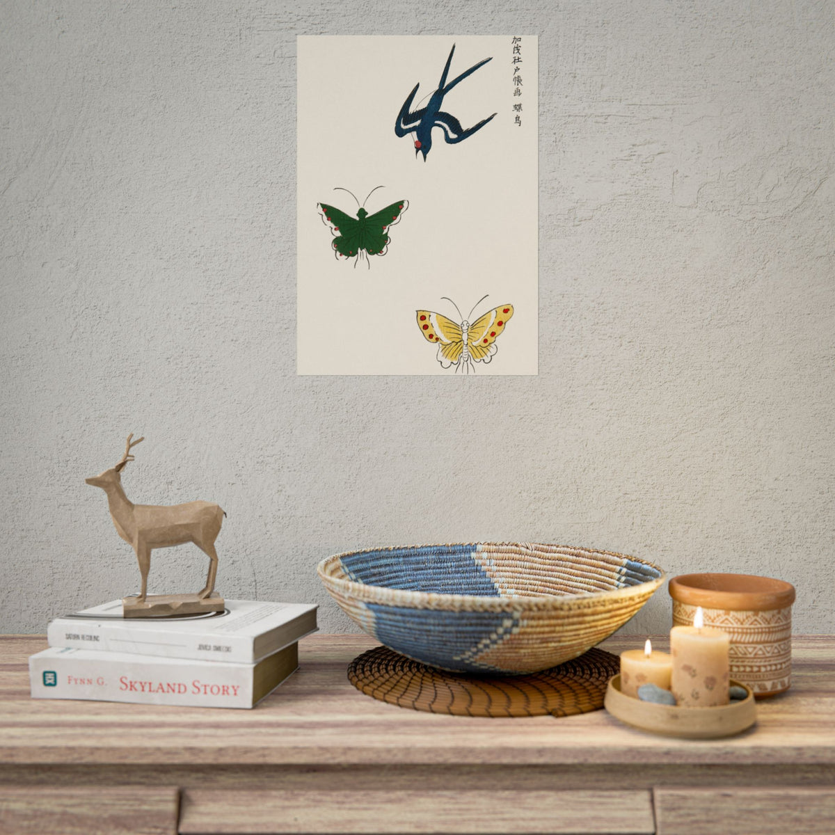 Japanese vintage original woodblock print of swallow and butterflies from Yatsuo no tsubaki