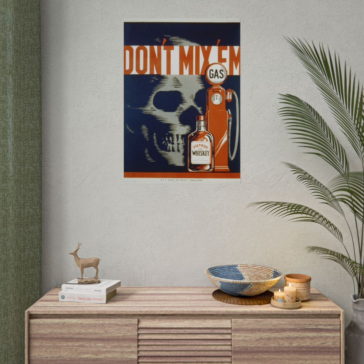 Vintage 'Don't Mix 'Em' Skull Whiskey & Gas Safety Poster — Rolled Poster