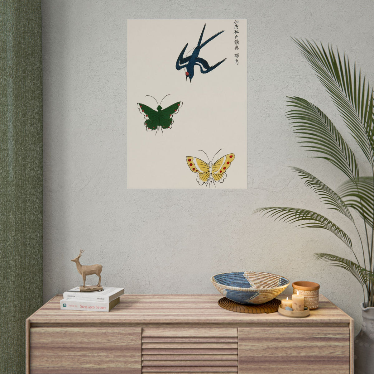 Japanese vintage original woodblock print of swallow and butterflies from Yatsuo no tsubaki