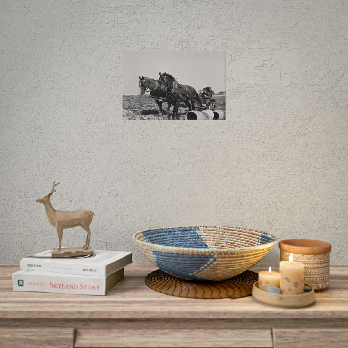 Vintage Farm Horses Rolled Poster — Black & White Rustic Plowing Print
