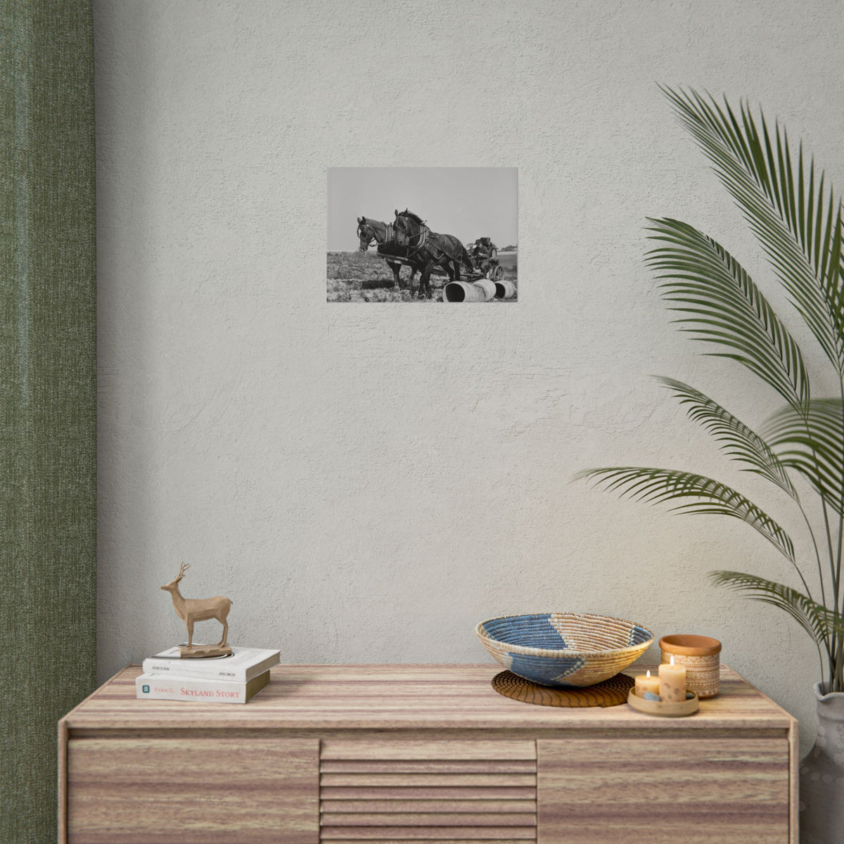 Vintage Farm Horses Rolled Poster — Black & White Rustic Plowing Print
