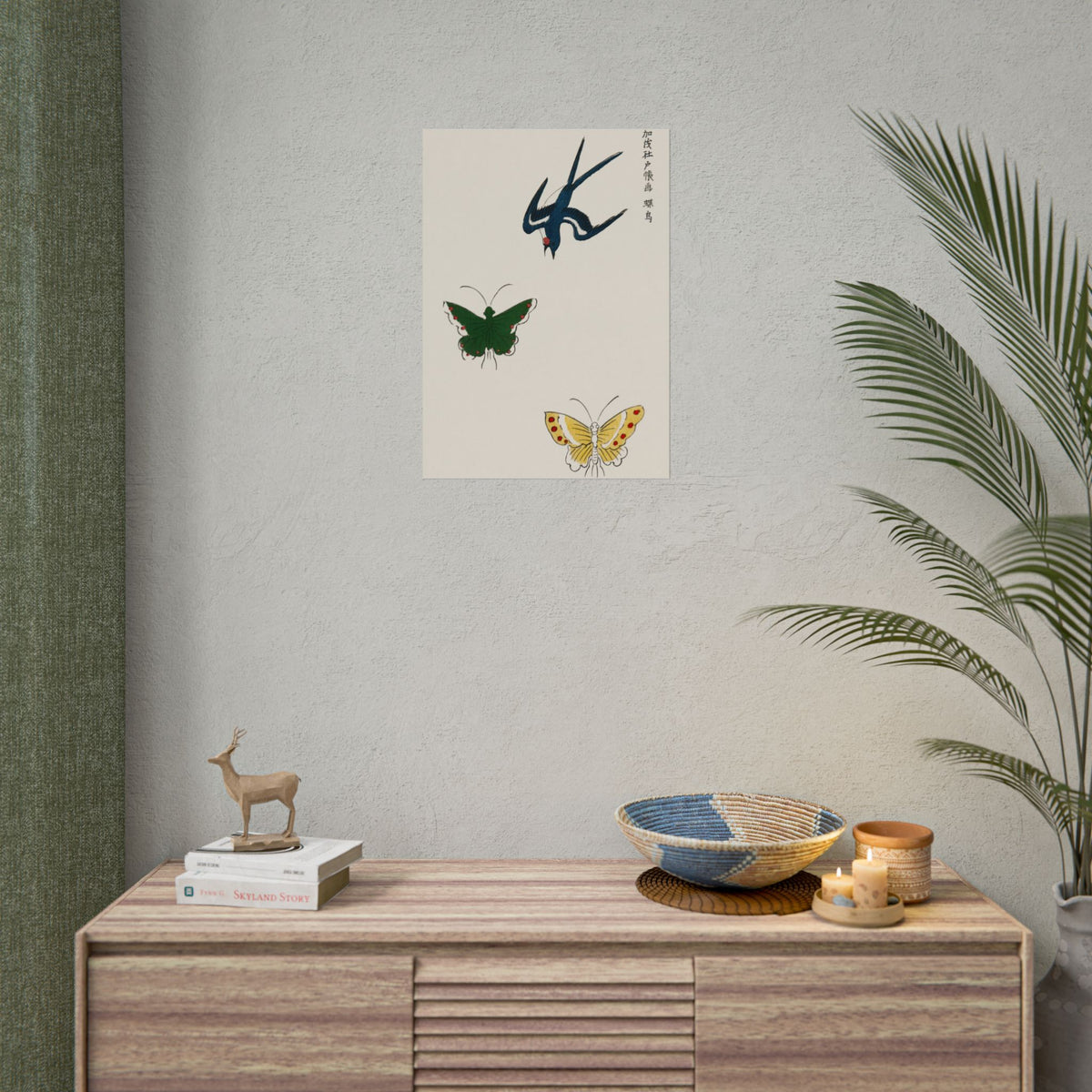 Japanese vintage original woodblock print of swallow and butterflies from Yatsuo no tsubaki