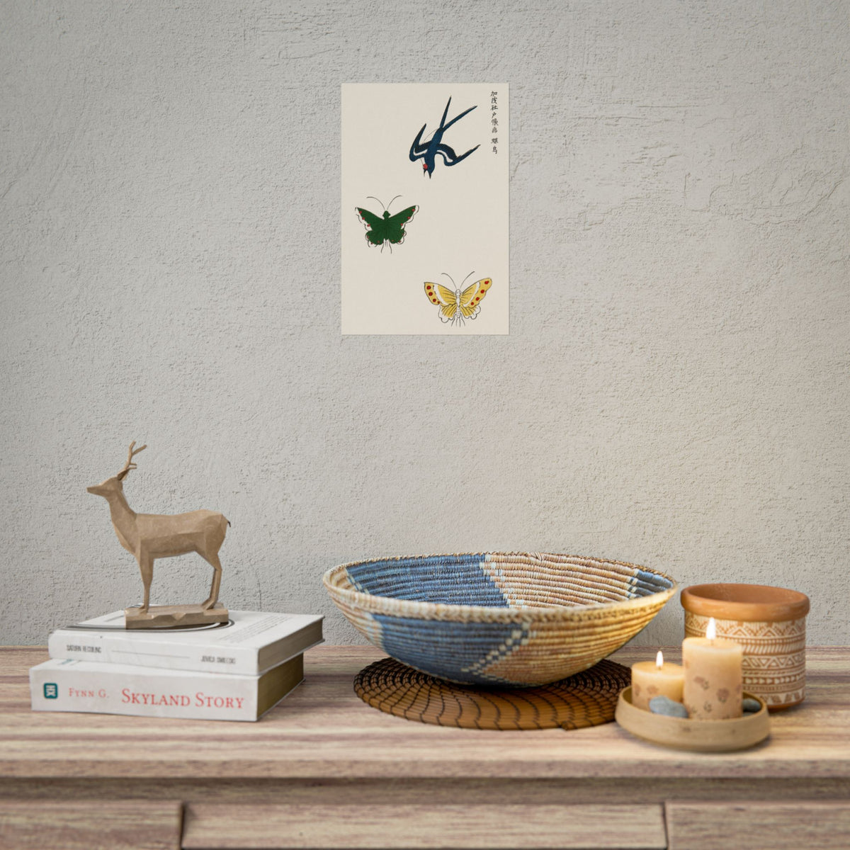 Japanese vintage original woodblock print of swallow and butterflies from Yatsuo no tsubaki