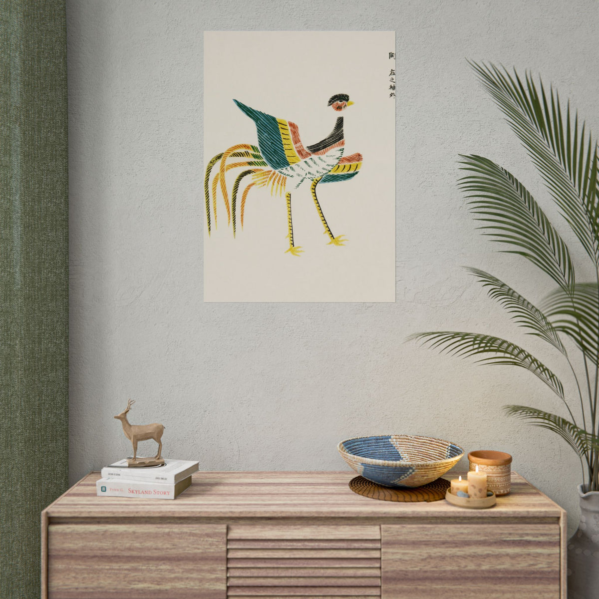 Japanese vintage original woodblock print of crane from Yatsuo no tsubaki