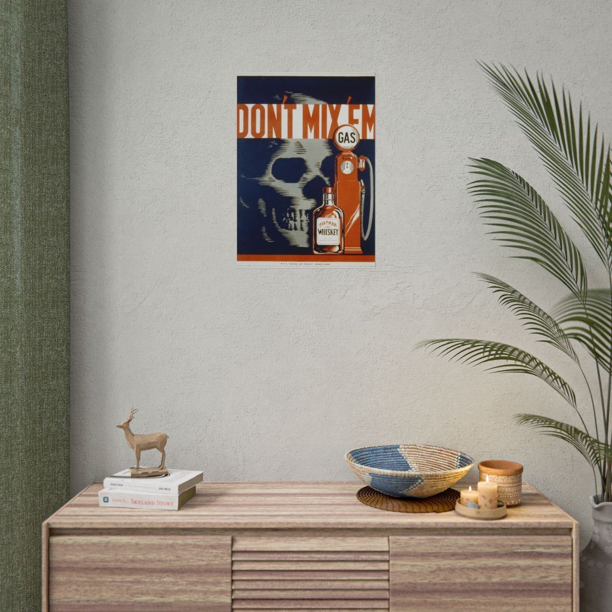 Vintage 'Don't Mix 'Em' Skull Whiskey & Gas Safety Poster — Rolled Poster