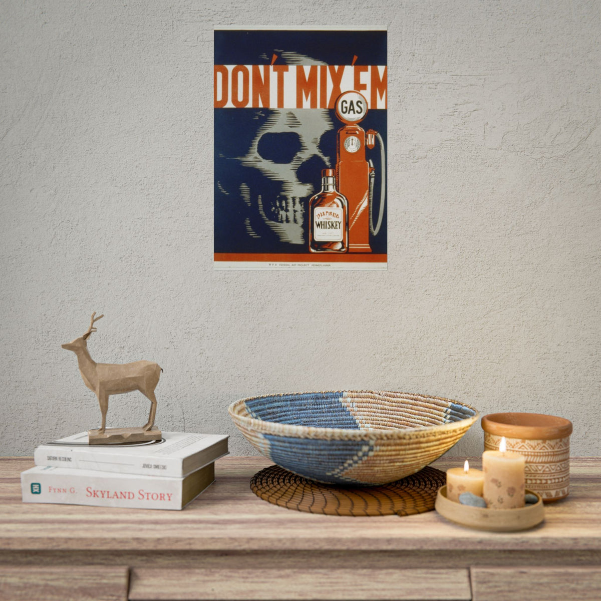 Vintage 'Don't Mix 'Em' Skull Whiskey & Gas Safety Poster — Rolled Poster